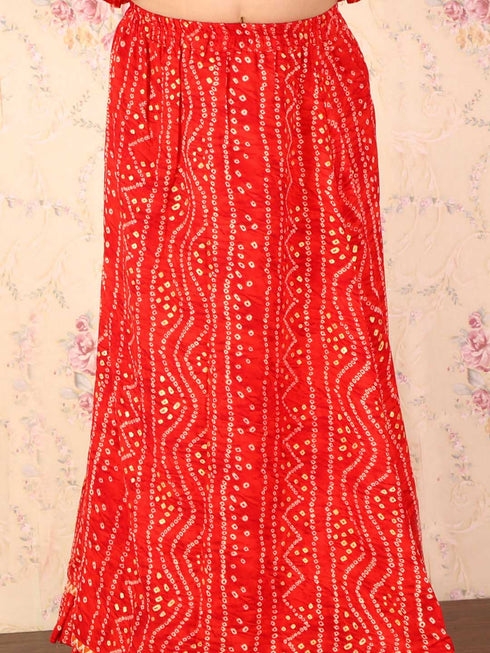 Girl's Maroon Bandhani Top And Long Skirt Set